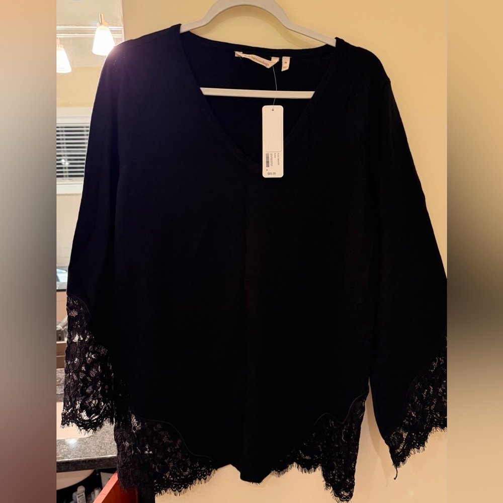 Soft Surroundings Black V-Neck Sweater with Lace Trim
